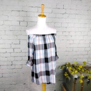 Stitch Fix Billie T Off The Shoulder Roll Tab Sleeve Plaid Top Black Blue XS